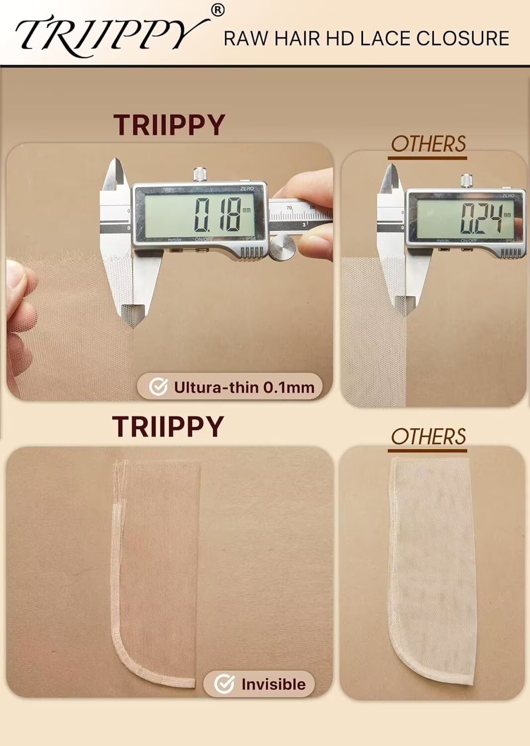 TRIIPPY Raw Hair 13x6 HD Lace Frontal Closure Straight,More Less Shedding than Regular Virgin Hair Closure,0.10mm Ultra-Thin 13x6 Swiss Real HD Lace with 100% Raw Cambodian Human Hair