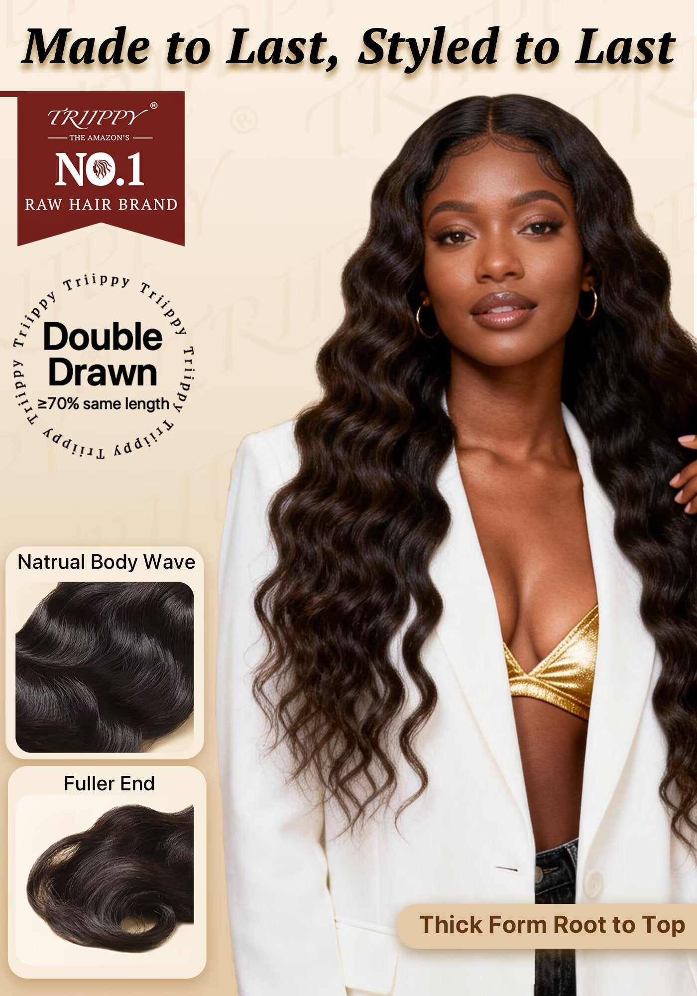 TRIIPPY Raw Natural Body Wave Bundles Human Hair,100% Cambodian Raw Hair Sew in Weave Double Drawn 3 Bundles,3X Lasting And Durable Over Virgin Hair,No.1 Raw Hair Brand On Amazon
