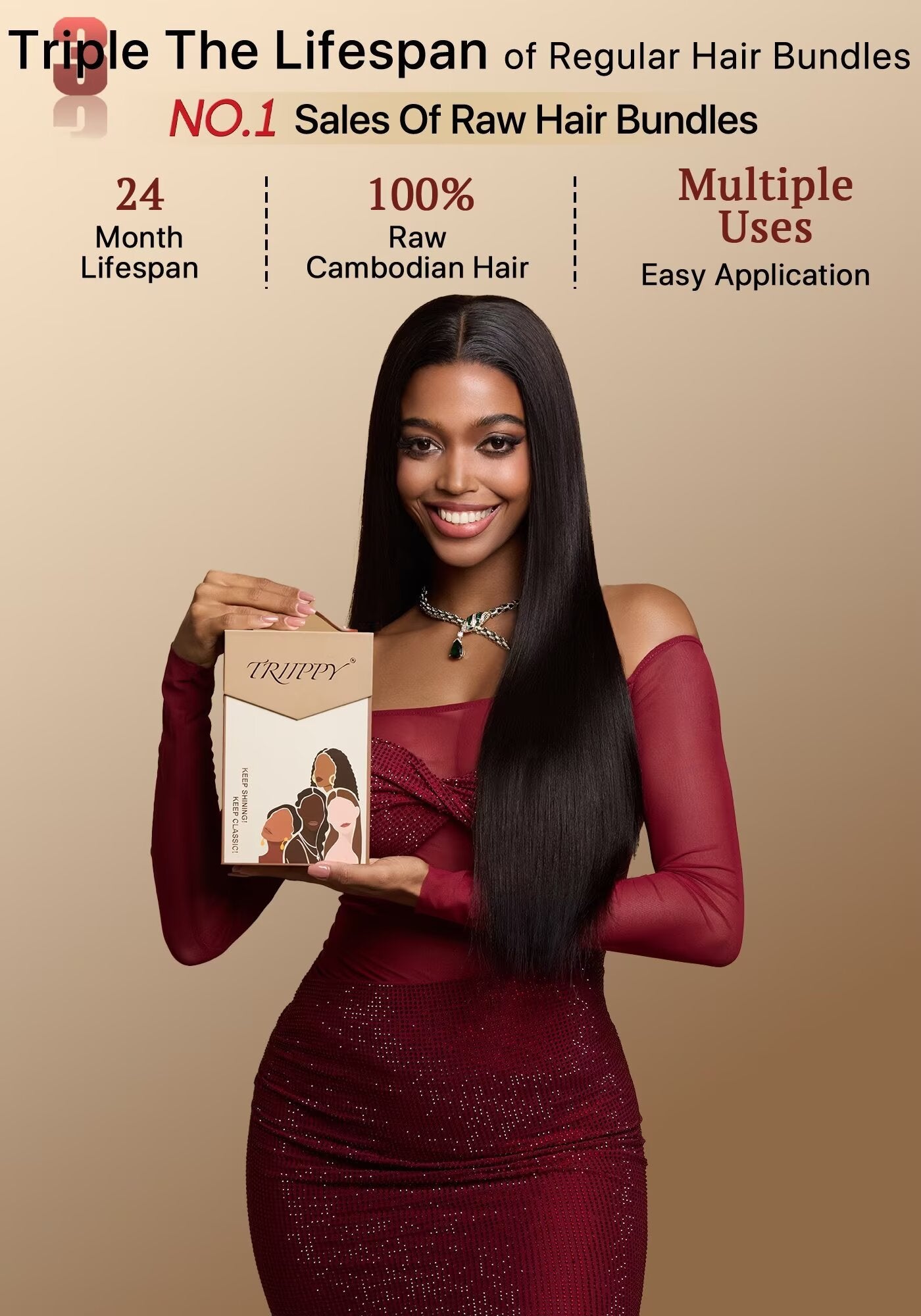 TRIIPPY Yaki Straight Human Hair Bundles,100% Raw Cambodian Hair Sew In Weave 3 Bundles ,Triple The Lifespan Over Regular Virgin Hair Bundle,No.1 Raw Hair Brand On Amazon(Natural Color)