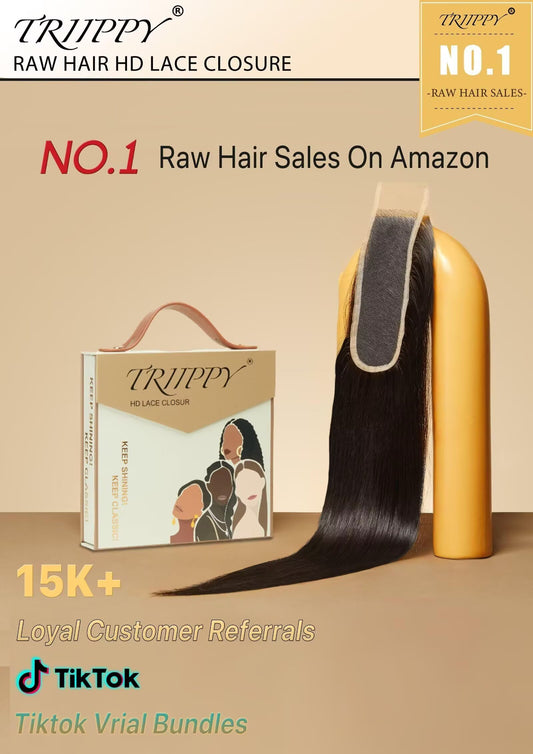 Triippy Raw Hair 2x6 HD Lace Closure Straight More Less Shedding than Regular Virgin Hair, 0.10mm Ultra-Thin 2x6 Swiss Real HD Lace with 100% Raw Cambodian Human Haires