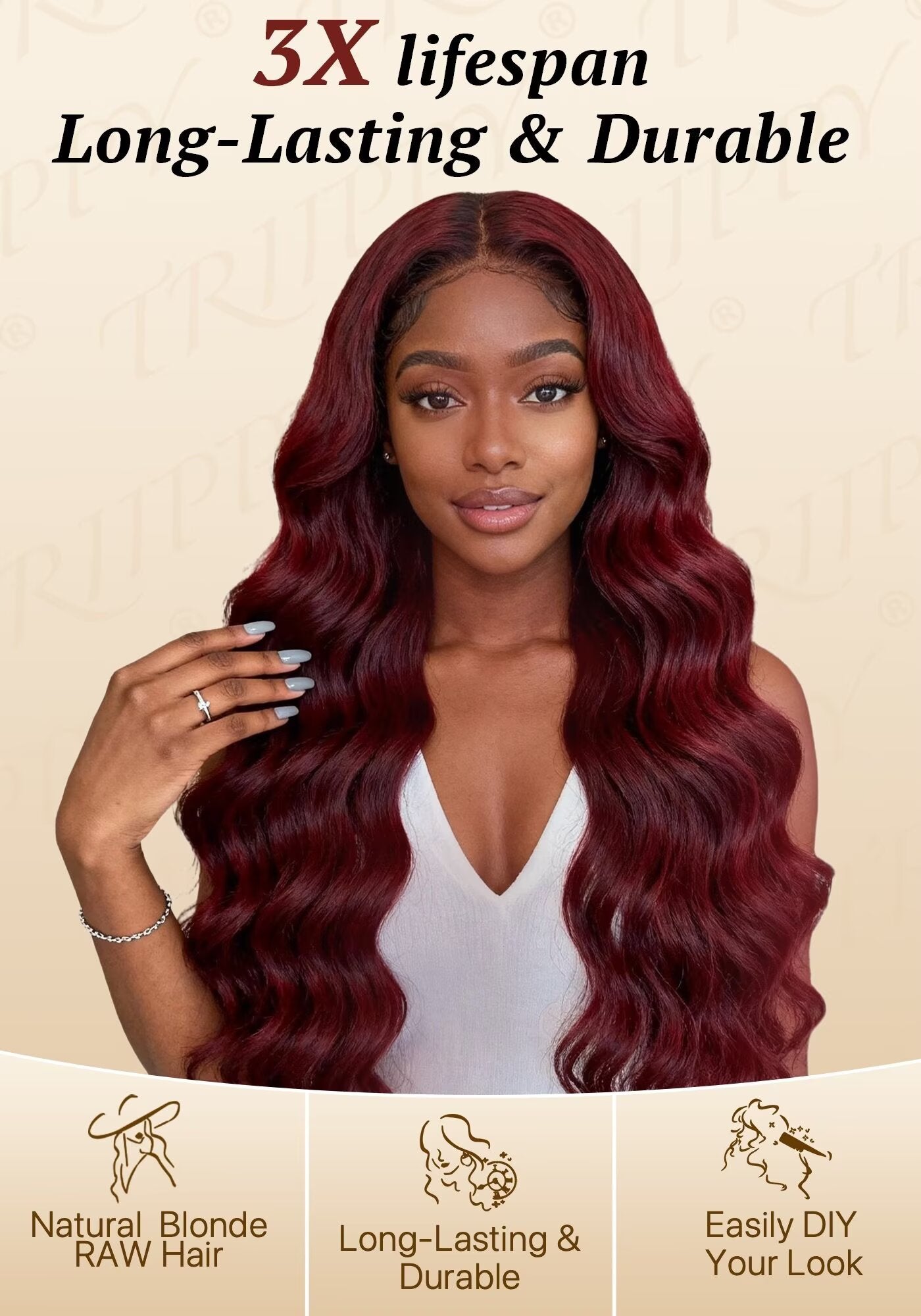 TRIIPPY Burgundy Natural Body Wave Bundles Human Hair,100% Vietnamese Raw Human Hair Sew in Weave 3 Bundles,5X Lifespan Over Regular 99j Hair,No.1 Raw Hair Brand On Amazon